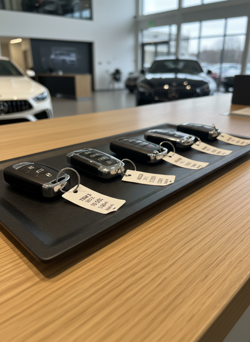 A neatly arranged row of car key fobs resting on a dark, matte tray atop a minimalist, light oak counter in an automotive gallery. Each key fob is tagged with a small, crisp label indicating model, year, and mileage, emphasizing transparency and order. Soft overhead lighting creates subtle reflections on the metallic edges of the keys and gentle shadows along the tray, while the background shows a softly blurred hint of a showroom with parked vehicles. Photographed from a low, side-on perspective with shallow depth of field in realistic photographic style, the composition focuses on the keys as symbols of easy, fast handover and trustworthy transactions.