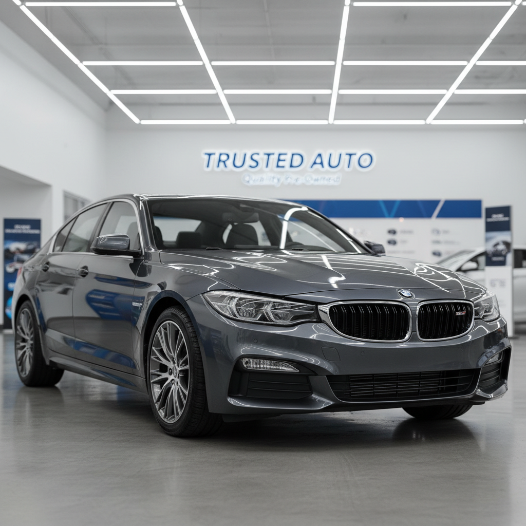 A close-up, three-quarter front view of a meticulously detailed, dark gray sedan parked inside a spotless, brightly lit automotive showroom. The vehicle’s polished body, clear headlights, and pristine alloy wheels suggest careful inspection and maintenance. Overhead LED lighting casts even, neutral illumination, bringing out the metallic flake in the paint and the texture of the tires without harsh shadows. The background shows blurred, neatly arranged signage and informational stands, emphasizing a professional dealership environment. Captured with a shallow depth of field and centered composition, the photographic realism and clean, modern aesthetic highlight the trust and transparency associated with reliable second-hand car sales.
