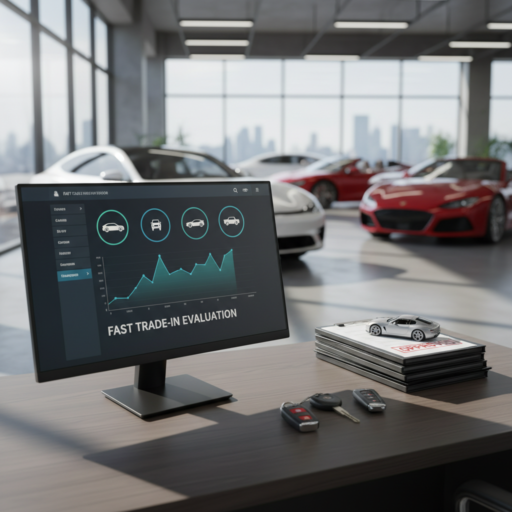 A bright, organized office desk within an automotive gallery, featuring a large, slim black computer monitor displaying a clean dashboard-style interface with car valuation graphs and icons of different vehicle types. A stack of glossy vehicle inspection reports, a small model car in brushed silver, and neatly arranged car key fobs rest on the matte wood surface. Soft, diffused daylight enters from an unseen window, creating gentle reflections on the monitor and subtle shadows across the desk. Shot from a slightly elevated angle in photographic realism, the composition uses the rule of thirds to balance the monitor and desk accessories, conveying a professional, efficient environment for fast sales and trade-in evaluations without any human presence.