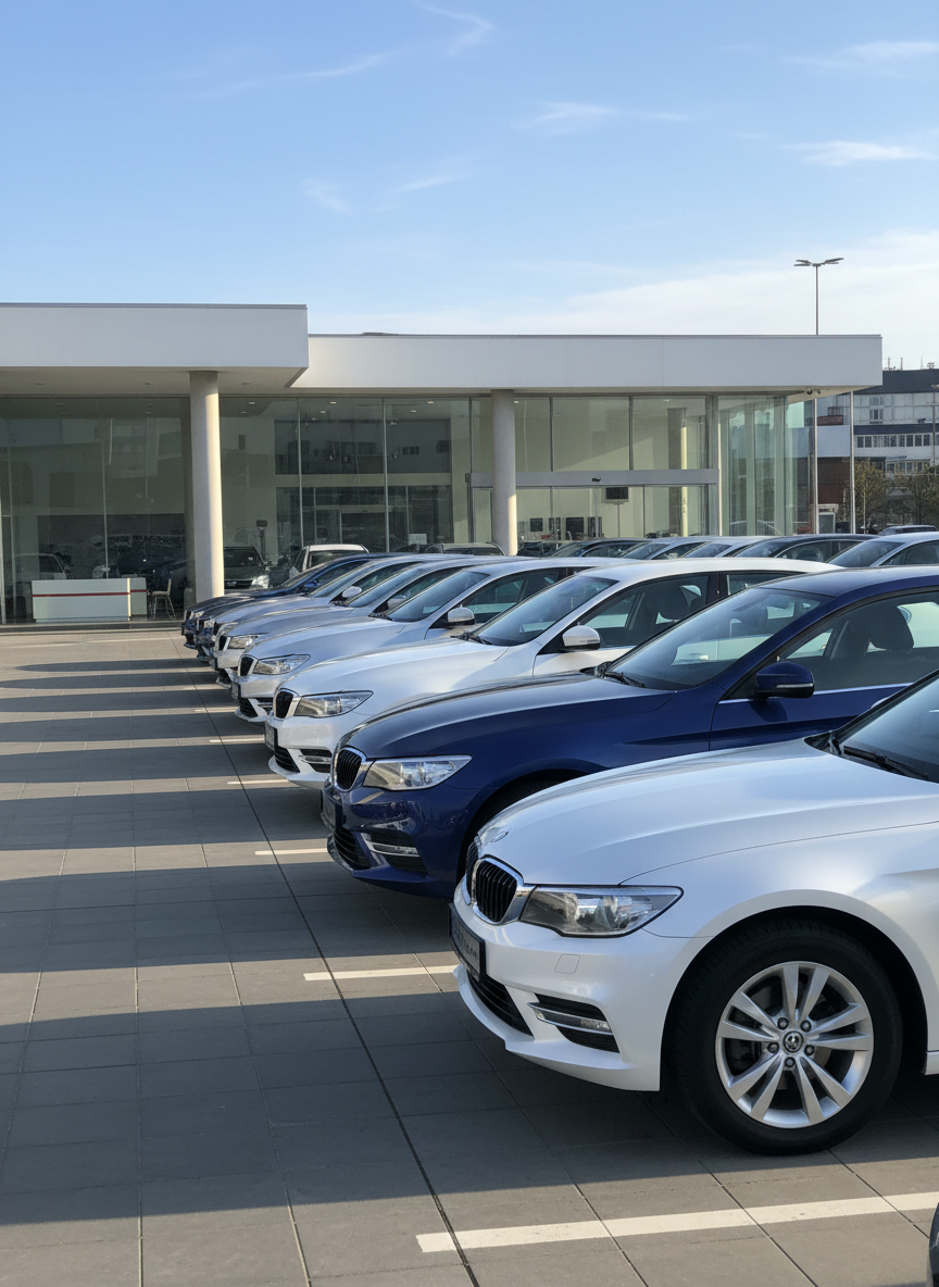 A gleaming lineup of late-model sedans and SUVs in metallic silver, white, and deep blue, perfectly aligned on the clean front lot of a modern automotive gallery. Each vehicle’s paintwork reflects the clear sky and subtle urban surroundings, emphasizing their immaculate, well-maintained condition. Soft late-afternoon sunlight creates crisp highlights on the body lines and gentle shadows under the cars, reinforcing a professional, trustworthy atmosphere. Photographed at eye level with a wide-angle lens, the composition shows the row of cars receding into the distance, with a clean, glass-front showroom facade in the background, all in crisp photographic realism that communicates reliability and quality second-hand vehicles.