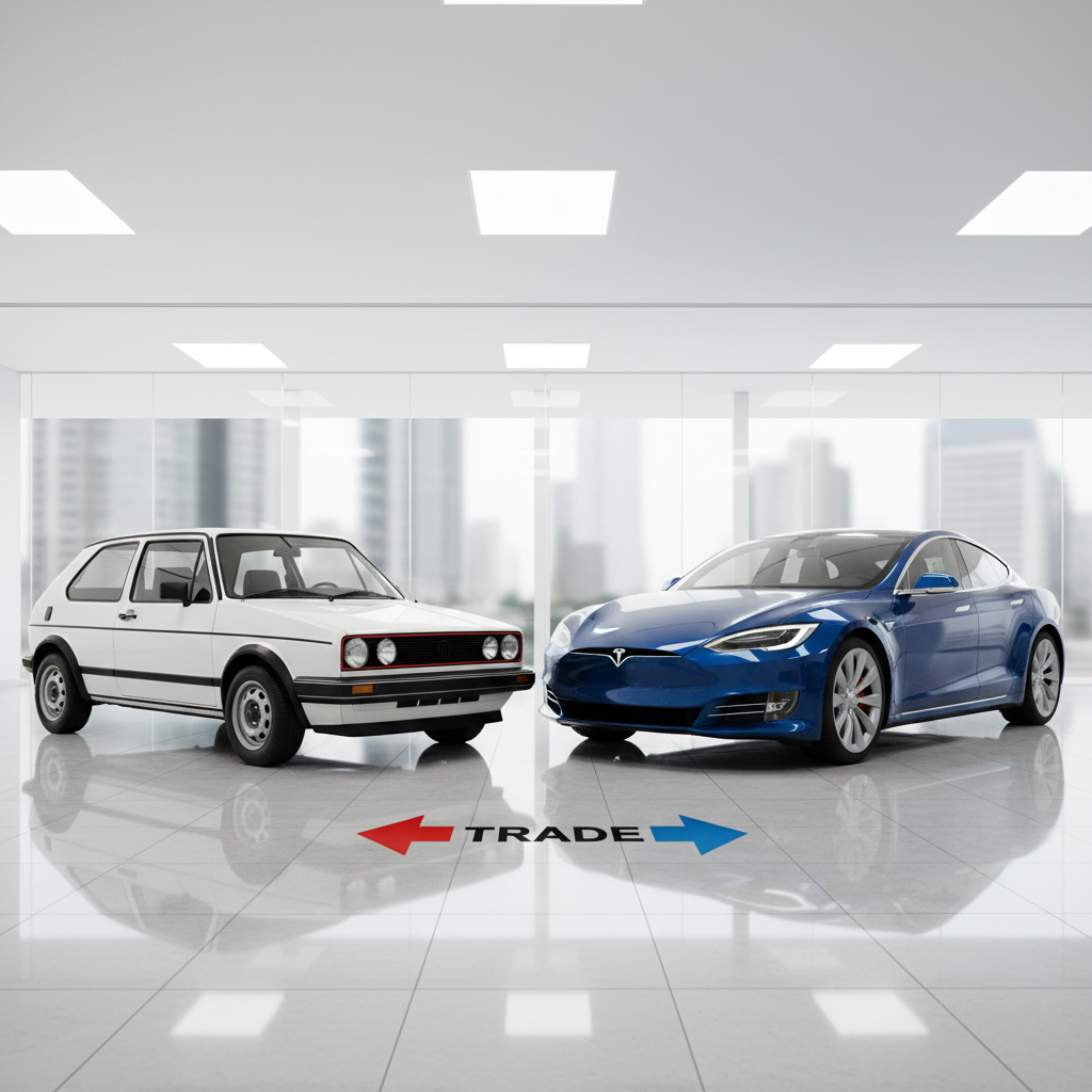 Two contrasting cars positioned nose-to-nose in a pristine indoor showroom: on the left, a compact, older white hatchback with clean but simpler lines, and on the right, a newer, metallic blue sedan with sharper, more dynamic styling. Between them on the polished floor lies a sleek, double-arrow floor graphic symbolizing trade-in and exchange. Overhead neutral-white lighting evenly illuminates both vehicles, creating subtle reflections on the glossy tiles and clear definition of each car’s bodywork. Photographed from a slightly elevated, wide-angle perspective in photographic realism, the composition centers on the dynamic space between the cars, visually representing fast, transparent trade and upgrade services in a modern, professional setting.