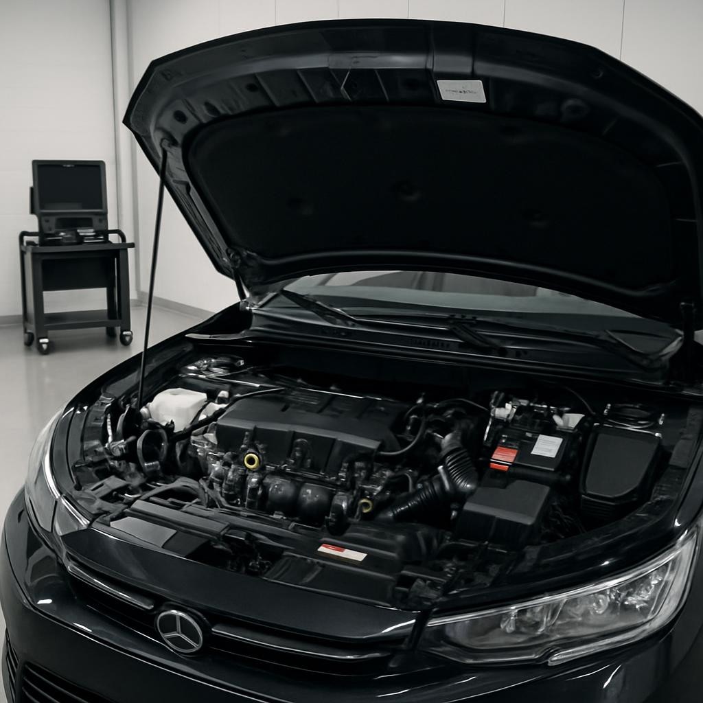 A precise, close-up view of an open car hood inside a spotless service bay at an automotive gallery, revealing a clean, well-organized engine bay with labels and inspection tags visible on key components. The surrounding area shows neatly arranged diagnostic equipment and a trolley with methodically placed tools, all against a backdrop of light gray walls and polished concrete flooring. Bright, even workshop lighting creates clear visibility into every part of the engine, with crisp, shadow-free detail. Captured at a slightly low, three-quarter angle in sharp photographic realism, the image conveys technical thoroughness, careful inspection, and mechanical reliability behind each second-hand vehicle offered for sale or trade.